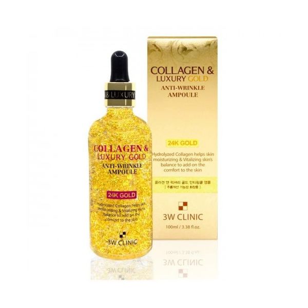3W CLINIC Collagen & Luxury Gold Anti Wrinkle Ampoule 24K Gold - Антивозрастная сыворотка для лица с золотом и коллагеном, 100 мл.