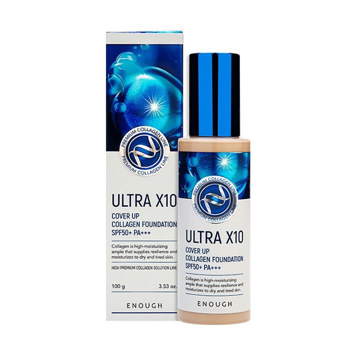 ENOUGH Ultra X10 Cover Up Collagen Foundation #23 SPF50+ - Тональная основа с коллагеном, тон 23, 100 мл.